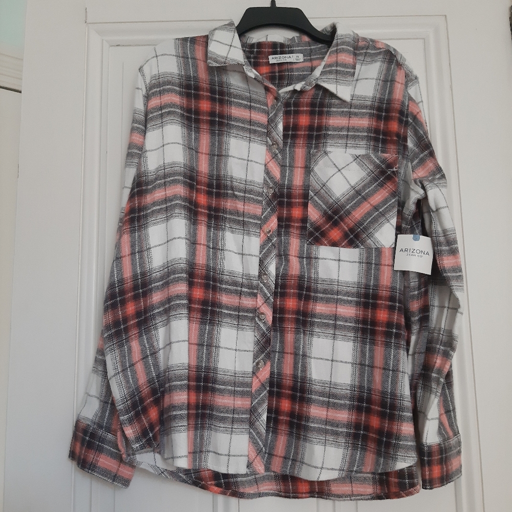 Arizona Jean Co Button Down Orange Plaid Shirt